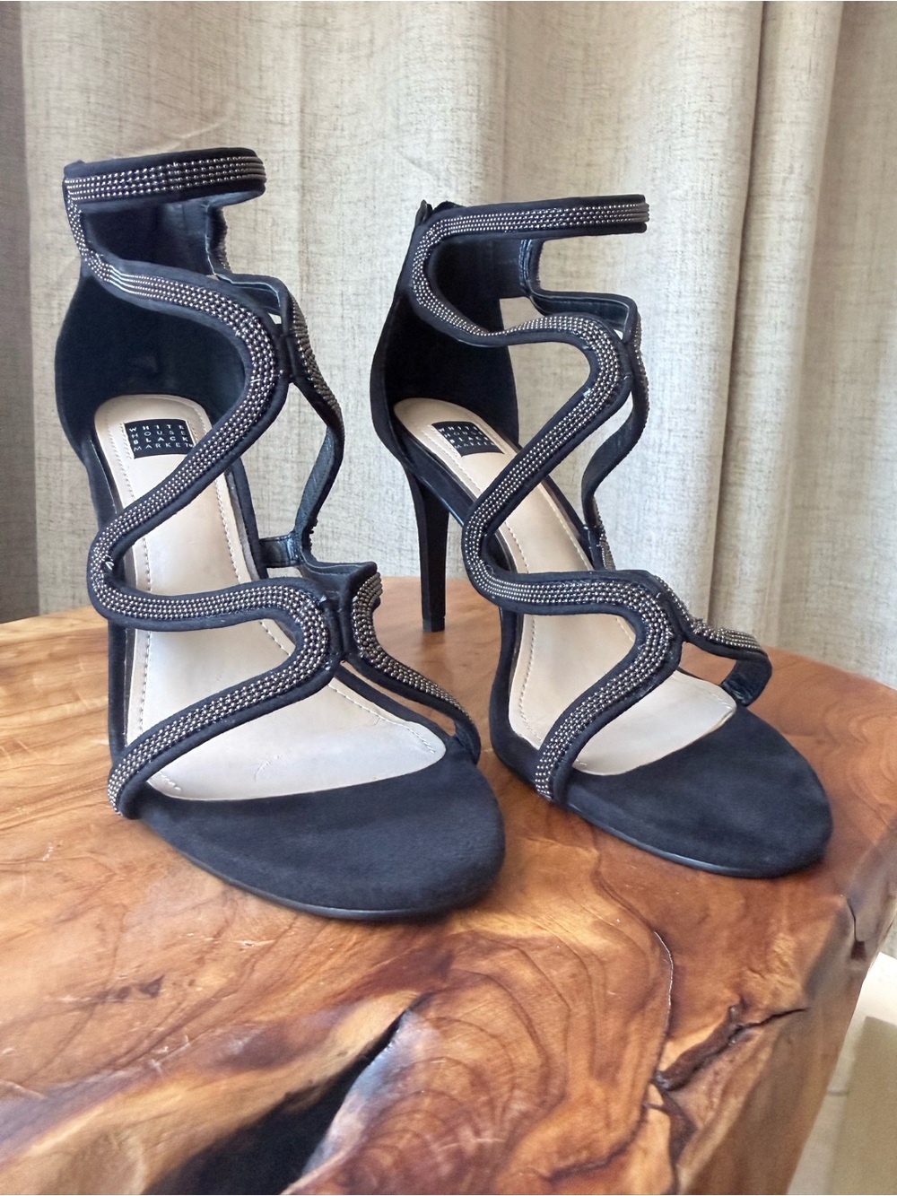 White House Black Market Black Rhinestone Strappy Heels Size 8M Evening Shoes